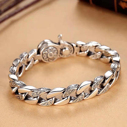 925 Sliver Pure Six Character True Word Rotable Fashion Wide Edition Men's Dominant Personality And Retro Bracelet