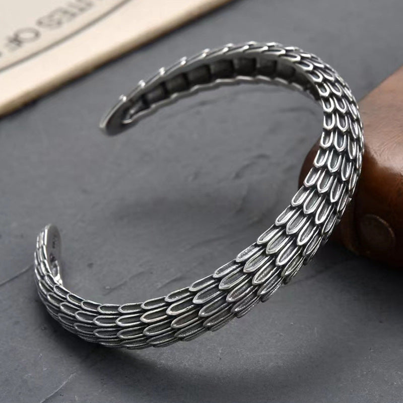 925 Sterling Silver Vintage Dragon Scale Inverse Scale Open Adjustable Bracelet
