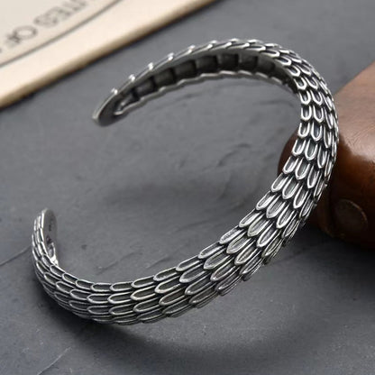 925 Sterling Silver Vintage Dragon Scale Inverse Scale Open Adjustable Bracelet