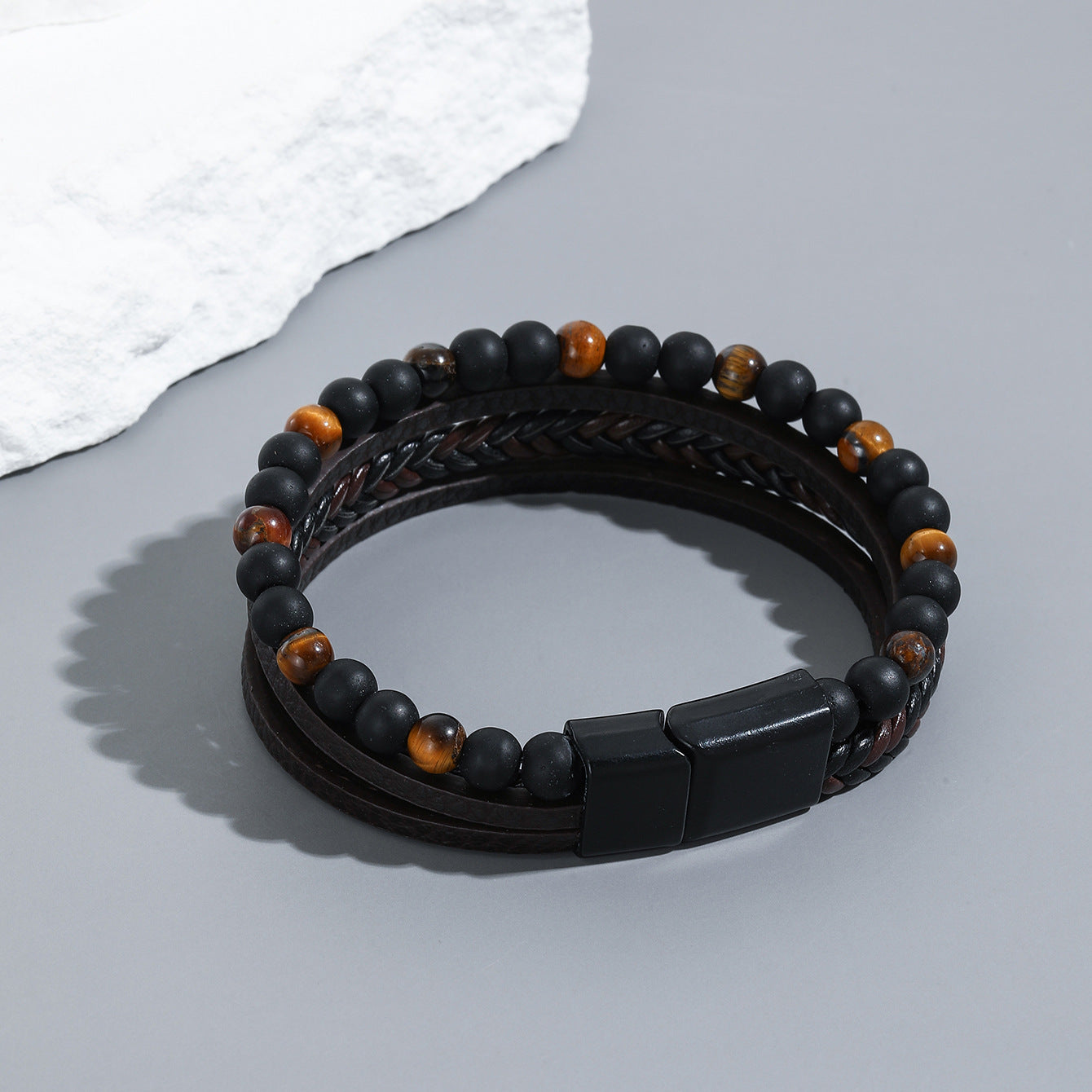 Men's Woven Natural Obsidian Bracelet