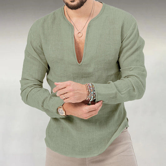 Men's Basic V Neck Long Sleeve Linen T-shirt