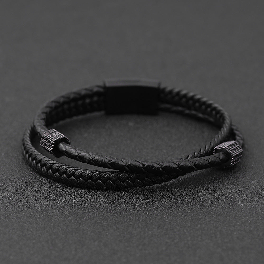 925 Silver Men's multilayer woven leather bracelet Stainless steel diamond inset bracelet gift