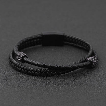 925 Silver Men's multilayer woven leather bracelet Stainless steel diamond inset bracelet gift