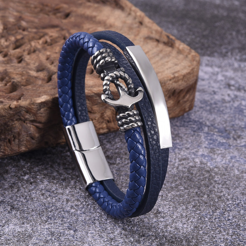925 Silver Men's stainless steel boat anchor leather rope bracelet multilayer leather woven bracelet