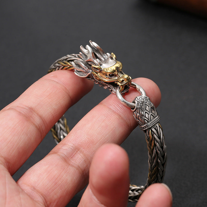 925 Silver Retro Hand Woven Gold Head Bracelet