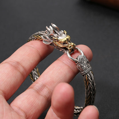 925 Silver Retro Hand Woven Gold Head Bracelet
