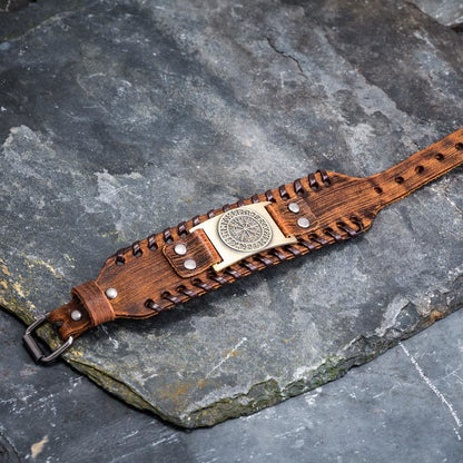 Genuine Leather Buckle Arm Cuff Vegvisir Metal Bracelet