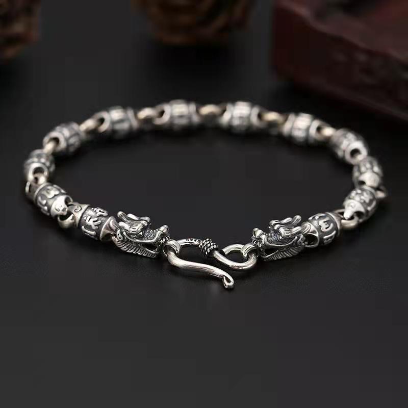 925 Silver Six Character Mantra Dragon Head Bracelet