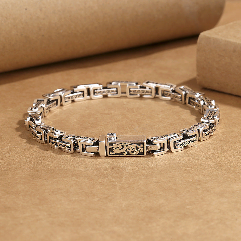 925 Silver Vintage Sanskrit Mantra Dragon Pattern Bracelet