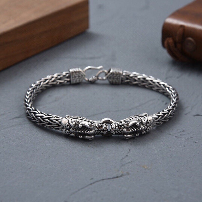 S925 Double Dragon Character Braided Bracelet