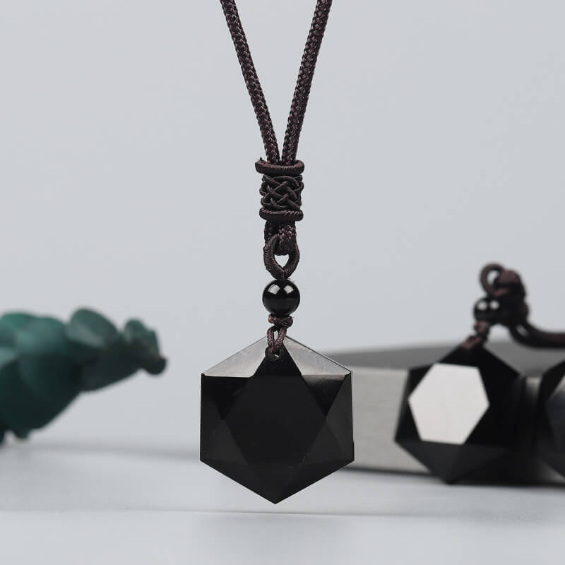 Natural Obsidian Six-Pointed Star Pendant Necklace