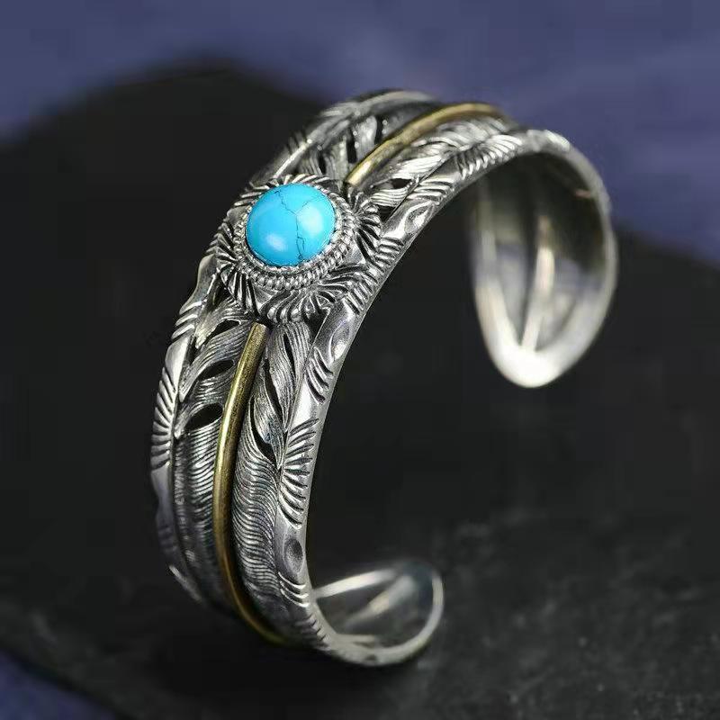 Feather Turquoise Cuff Open Adjustable Bracelet