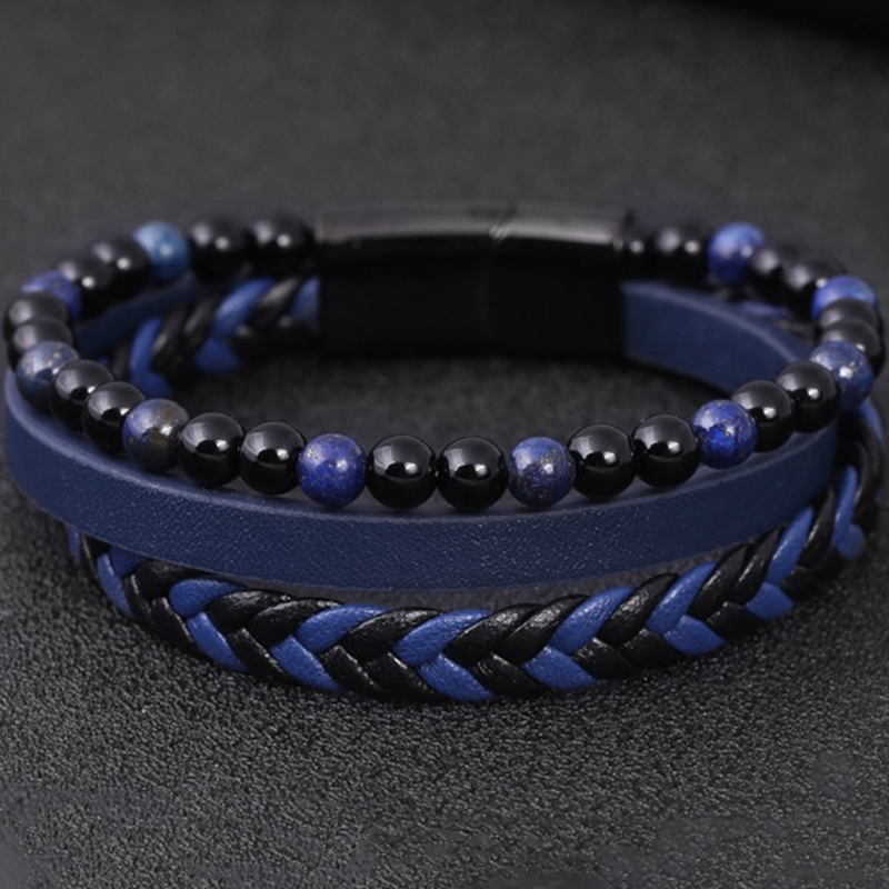 Men's natural stone volcano stone lapis lazuli leather bracelet stainless steel leather woven bracelet multilayer men's titanium steel jewelry