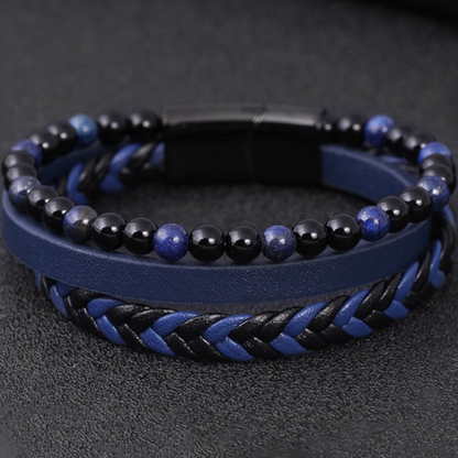 Men's natural stone volcano stone lapis lazuli leather bracelet stainless steel leather woven bracelet multilayer men's titanium steel jewelry
