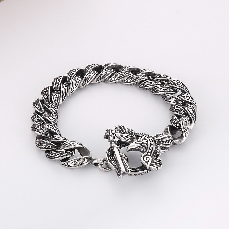 925 Silver Punk Blackened Eagle Pattern Plaid Bracelet