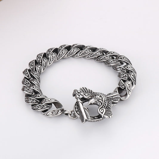 925 Silver Punk Blackened Eagle Pattern Plaid Bracelet
