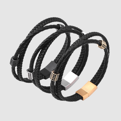 925 Silver Men's multilayer woven leather bracelet Stainless steel diamond inset bracelet gift