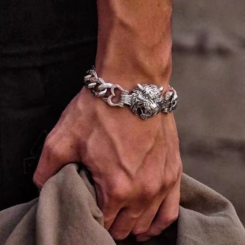 925 Silver Retro Trendy Domineering Tiger Head Bracelet