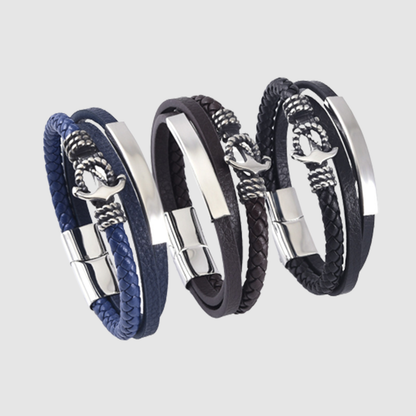 925 Silver Men's stainless steel boat anchor leather rope bracelet multilayer leather woven bracelet