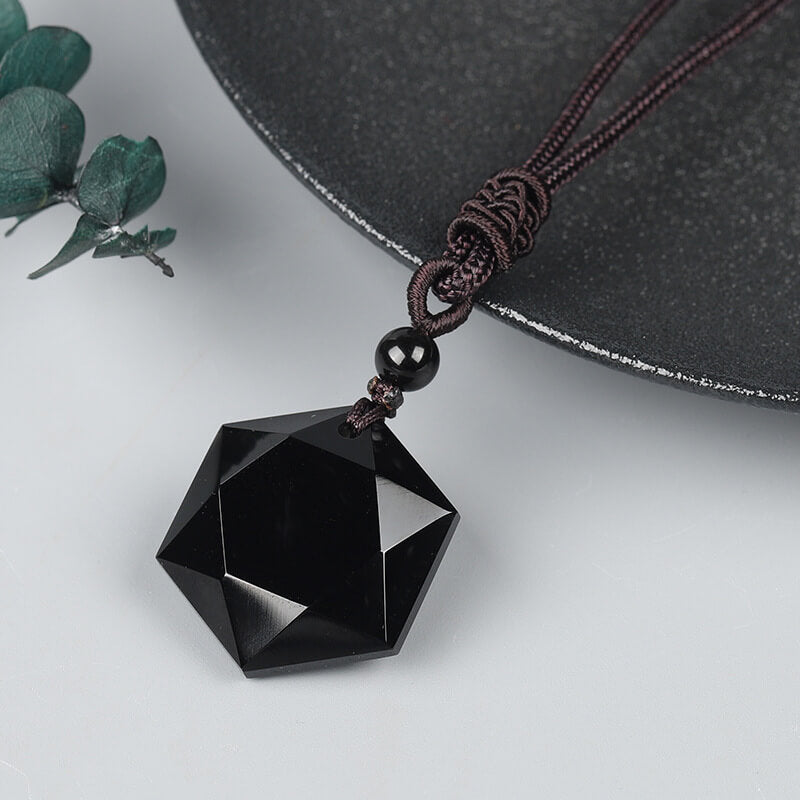 Natural Obsidian Six-Pointed Star Pendant Necklace