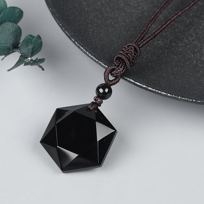 Natural Obsidian Six-Pointed Star Pendant Necklace