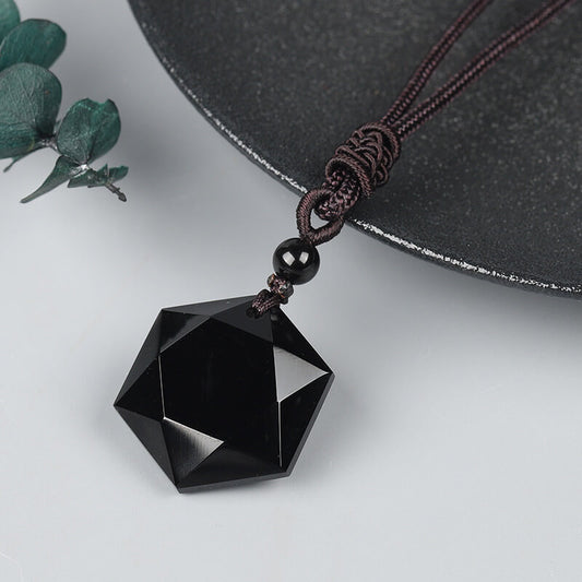 Natural Obsidian Six-Pointed Star Pendant Necklace