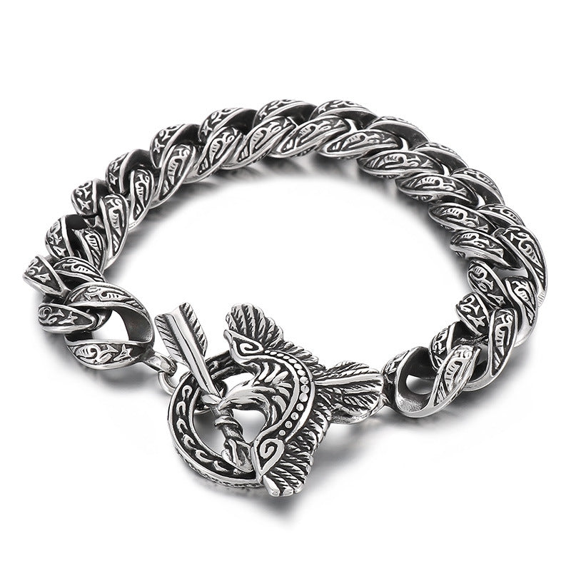 925 Silver Punk Blackened Eagle Pattern Plaid Bracelet
