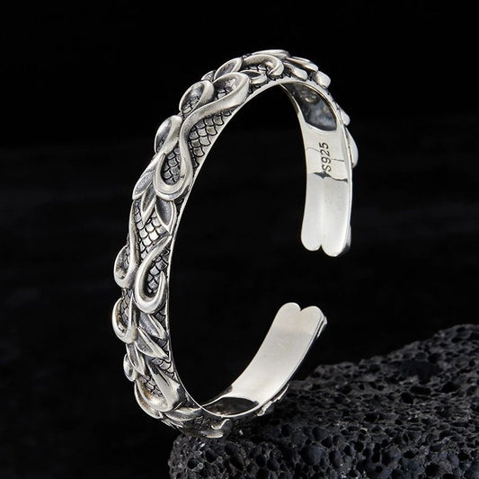 S925 3D Relief Wave Open Bracelet