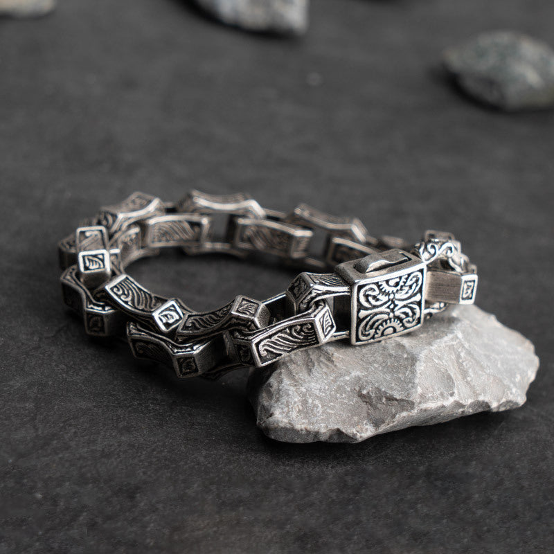 925 Silver Ocean Wave Carved Flower Retro Motorcycle Bracelet