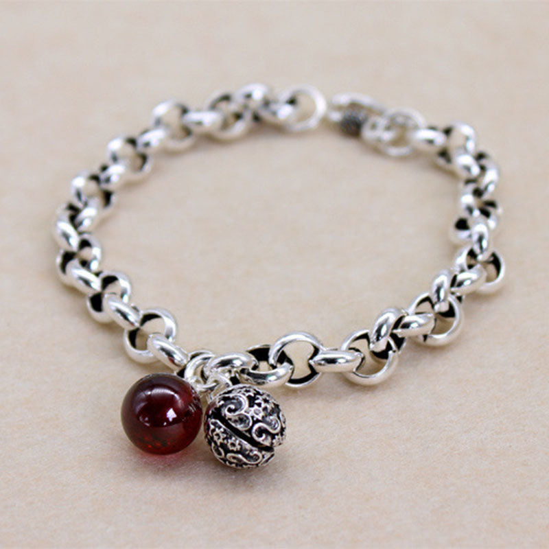 925 Silver Vintage Red Agate Bell Bracelet Small Fresh Bracelet