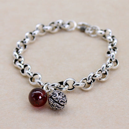 925 Silver Vintage Red Agate Bell Bracelet Small Fresh Bracelet
