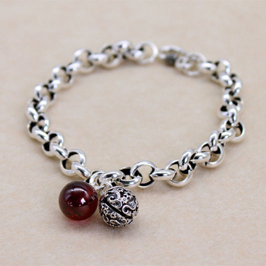 925 Silver Vintage Red Agate Bell Bracelet Small Fresh Bracelet