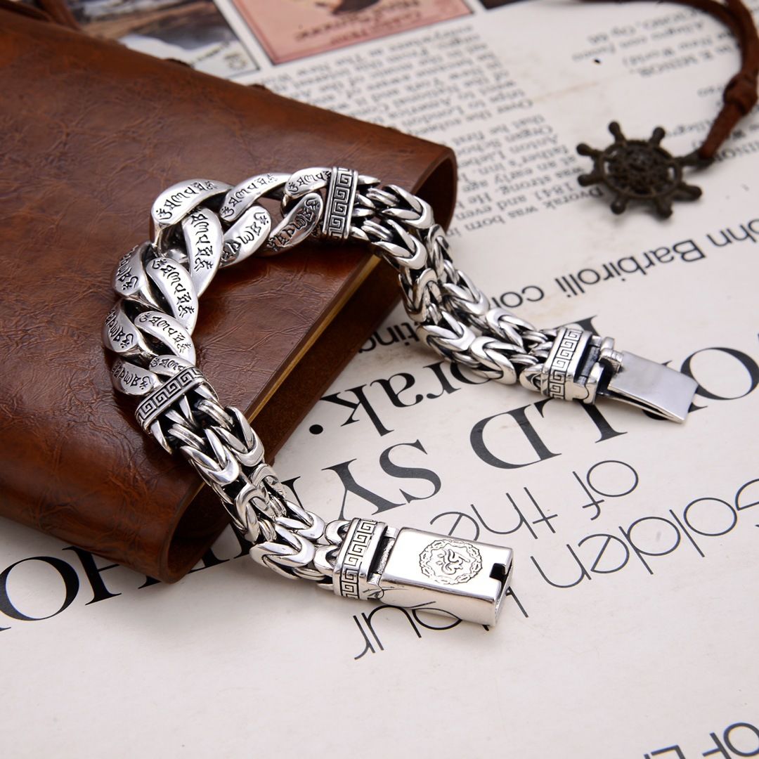 New Silver Jewelry  Bracelet Personality Domineering Six-character Mantra Peace Pattern
