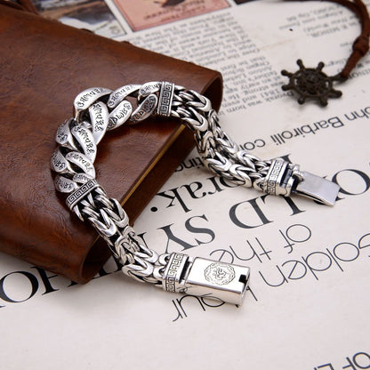 New Silver Jewelry  Bracelet Personality Domineering Six-character Mantra Peace Pattern