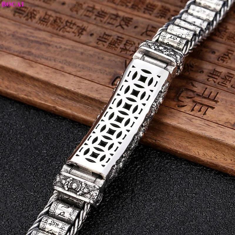 925 Silver Six Character Truth Vajra Pestle Rotating Drum Hand Bracelet