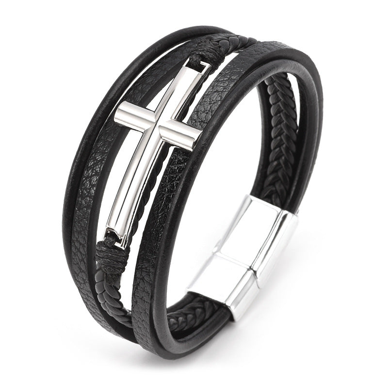 Men's Multi-Layered Leather Cord Cross Braided Bracelet