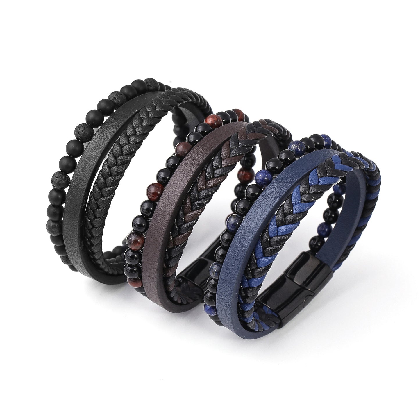 Men's natural stone volcano stone lapis lazuli leather bracelet stainless steel leather woven bracelet multilayer men's titanium steel jewelry