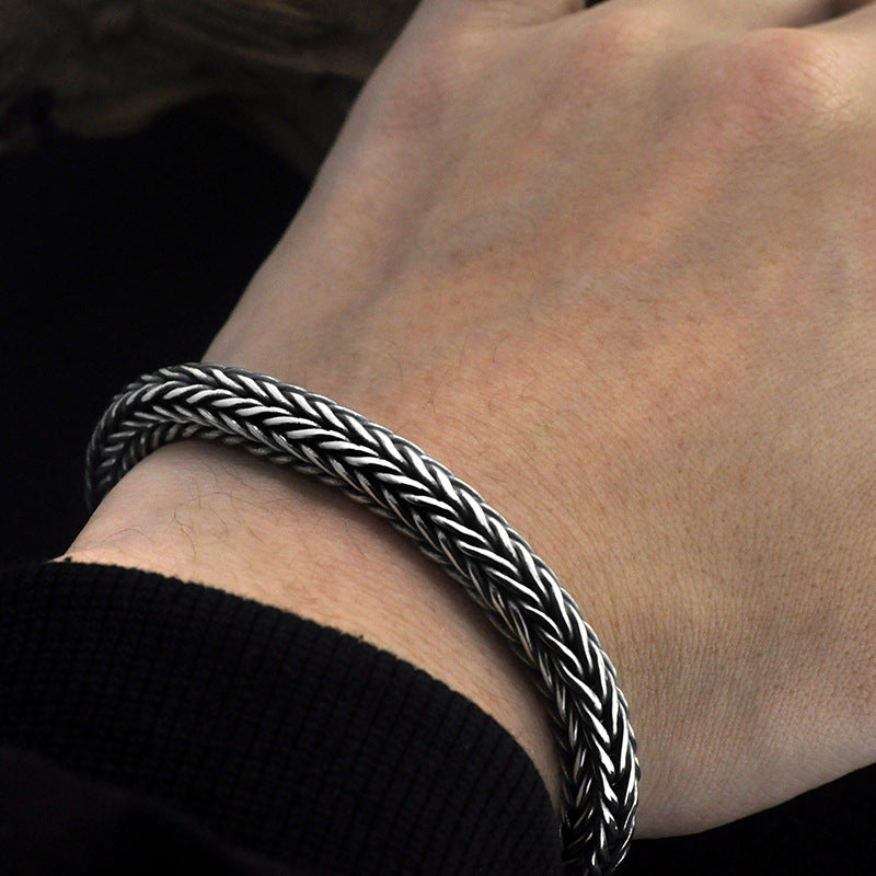 Real Silver 4mm Thick Retro Weave Bracelet Man Male Thai Silver Handmade Rope Bracelets Jewerly