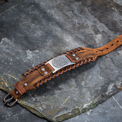 Genuine Leather Buckle Arm Cuff Vegvisir Metal Bracelet