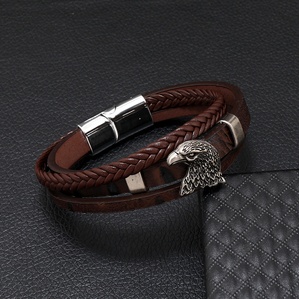 Men's Eagle Head Alloy Woven Leather Bracelet