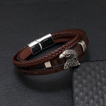 Men's Eagle Head Alloy Woven Leather Bracelet