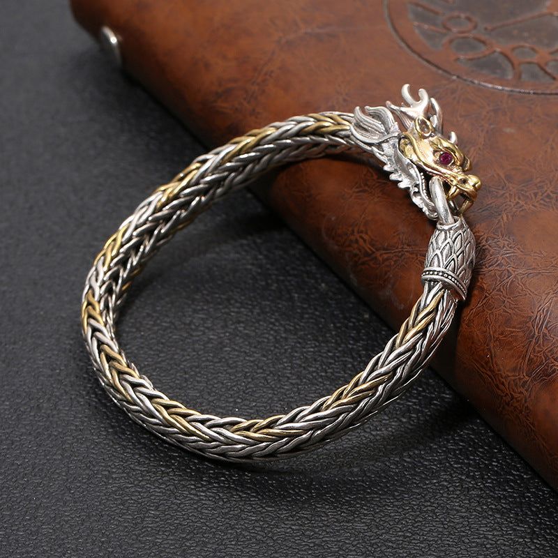 925 Silver Retro Hand Woven Gold Head Bracelet