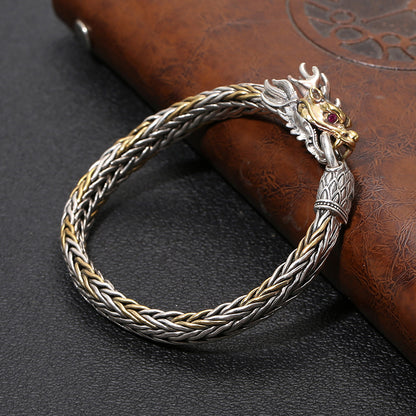 925 Silver Retro Hand Woven Gold Head Bracelet