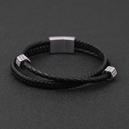 925 Silver Men's multilayer woven leather bracelet Stainless steel diamond inset bracelet gift