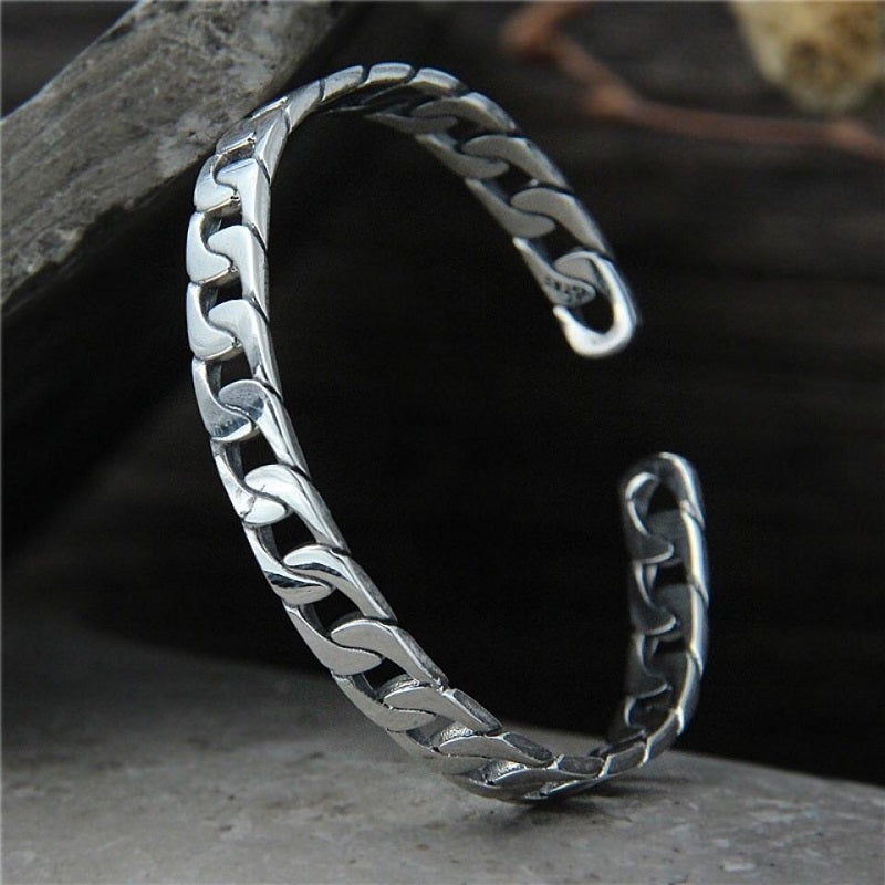 925 Silver Retro Fashion Trendy Whip Chain Open adjustable bracelet