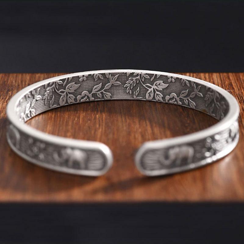 Retro ethnic style auspicious elephant enamel open silver bracelet