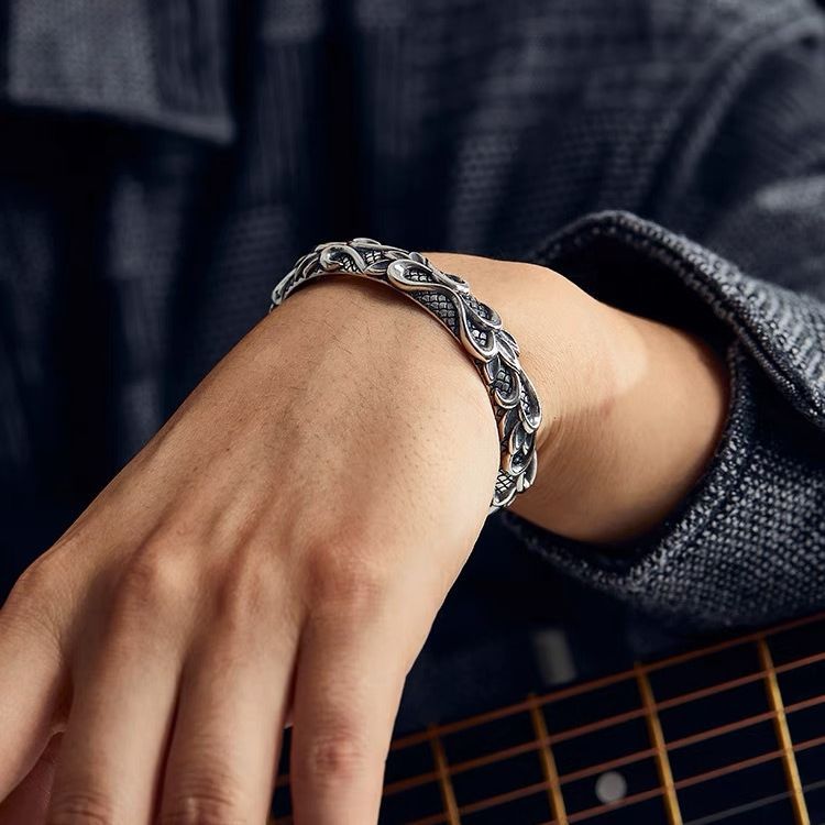 S925 3D Relief Wave Open Bracelet