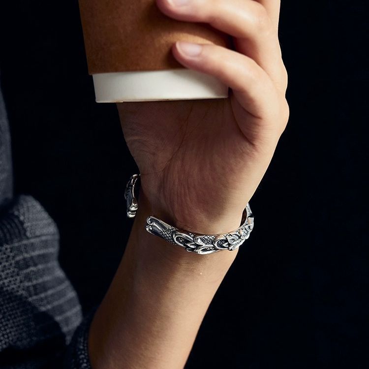 S925 3D Relief Wave Open Bracelet