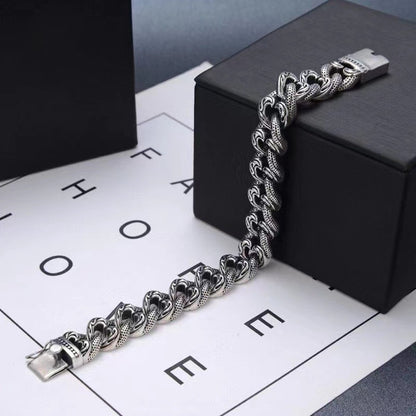 925 Silver Vintage Wide Rattan Hip Hop Bracelet