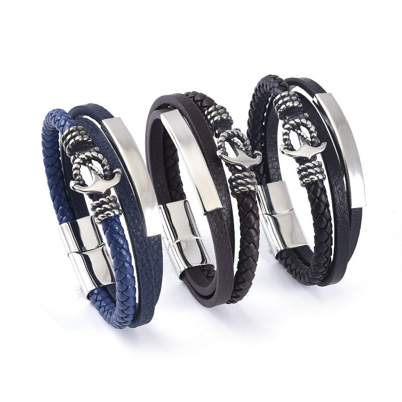 925 Silver Men's stainless steel boat anchor leather rope bracelet multilayer leather woven bracelet